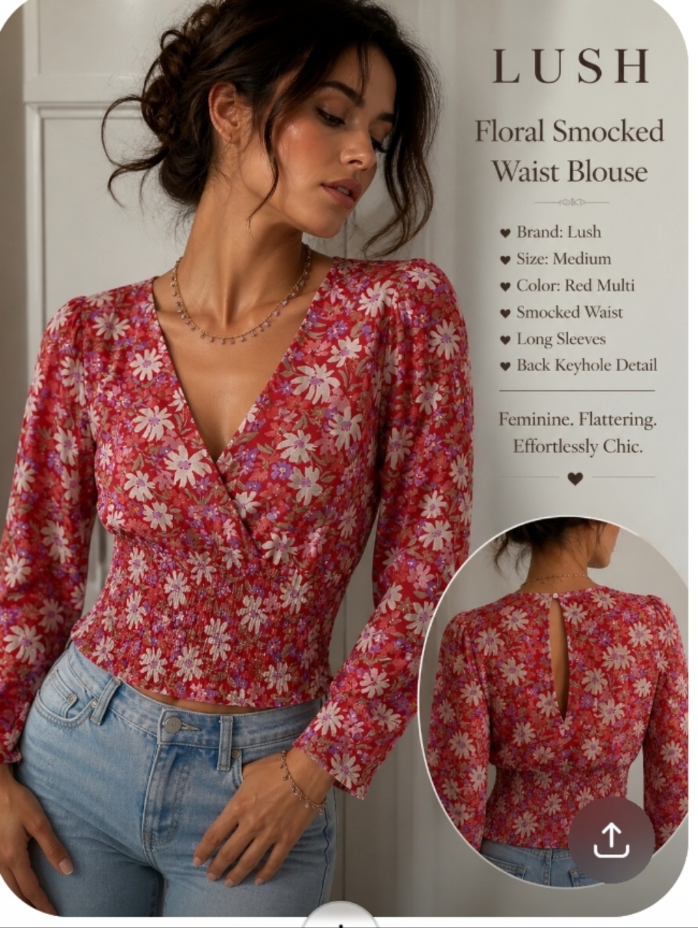 Lush Floral Long Sleeve Blouse Medium Red Pink Purple Smocked Waist Top